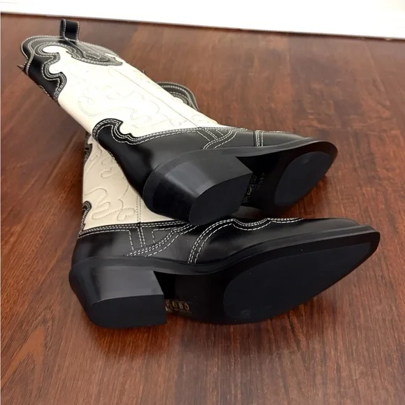 NWT GANNI  Mid Shaft Embroidered Western Cowboy Boots in Black/Egret Sz US 8 - Picture 11 of 17